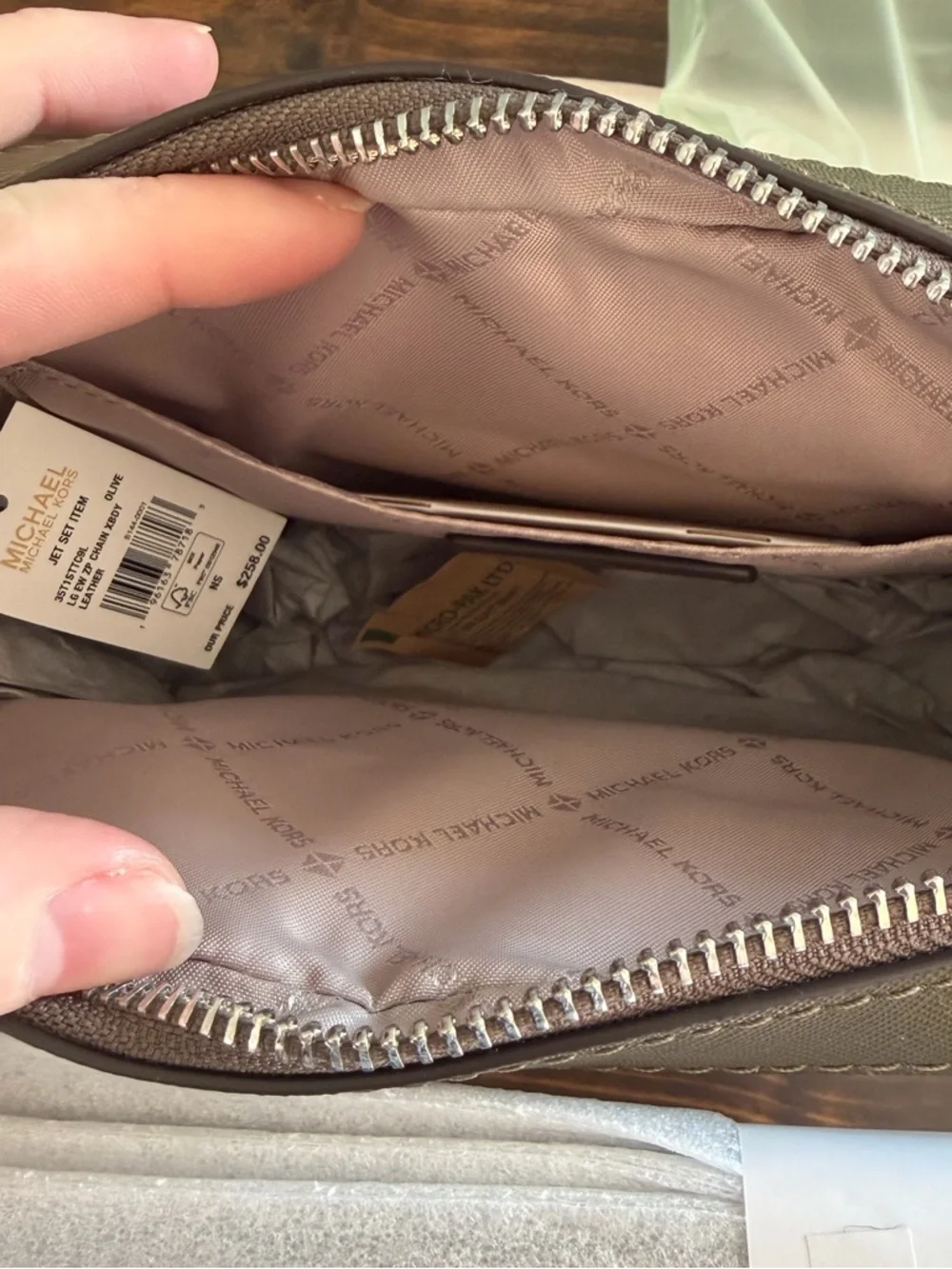 Michael Kors Jet Set Large Saffiano Leather Olive Crossbody with Silver Hardware